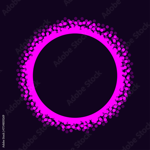 Vector glowing circle with scattered dots in bright neon pink on dark background. Abstract futuristic ring design for digital, cyberpunk, sci-fi, and modern graphic projects.