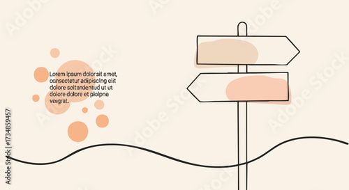 Abstract illustration featuring a directional sign with minimalist design and pastel color accents