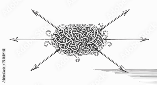 Abstract illustration of a tangled knot symbolizing confusion or complex problems, with arrows pointing in multiple directions for decision-making concepts