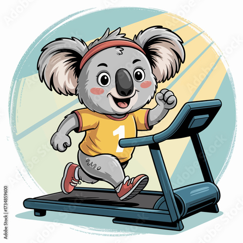 A playful cartoon koala wearing a headband jogs on a treadmill, promoting fitness and healthy living in a lively and entertaining style for kids and families.