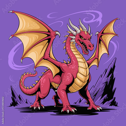 A fierce, vibrant red dragon with large wings poses confidently against a backdrop of mountains, showcasing strength and majesty in a mythical scene.