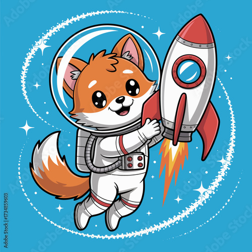 A lively fox dressed as an astronaut joyfully holds a retro rocket, symbolizing adventure and exploration in a colorful, whimsical representation of space travel.