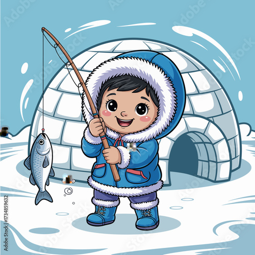 This cheerful child in winter attire is fishing in a snowy landscape, portraying innocence and adventure, making it appealing for winter-themed artwork and outdoor enthusiasts.