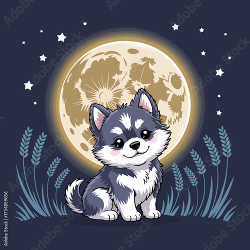 This sweet puppy sits serenely against the backdrop of a bright full moon and stars, capturing a sense of wonder and tranquility, perfect for lunar-themed designs.