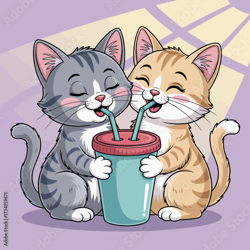 Two adorable cats sip from a shared drink, symbolizing friendship and love, set in a playful atmosphere that evokes warmth and connection.