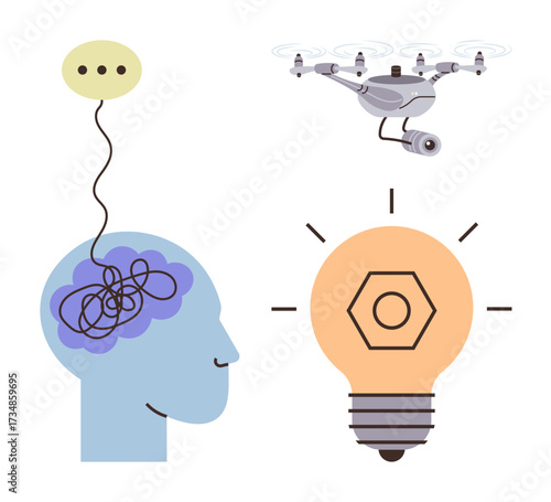 Side profile of a head with tangled thoughts, glowing light bulb symbolizing solutions, quadcopter representing technology. Ideal for creativity, brainstorming, innovation, tech, problem-solving