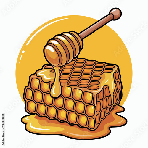 This artistic depiction of a honeycomb structure showcases golden honey dripping from it, representing nature’s sweet bounty and the beauty of hardworking bees.