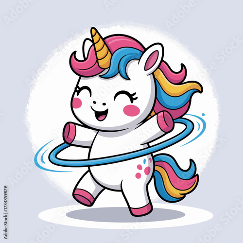 A delightful cartoon unicorn joyfully hula hooping, showcasing its vibrant rainbow mane and cheerful expression, perfect for children's illustrations or playful designs.