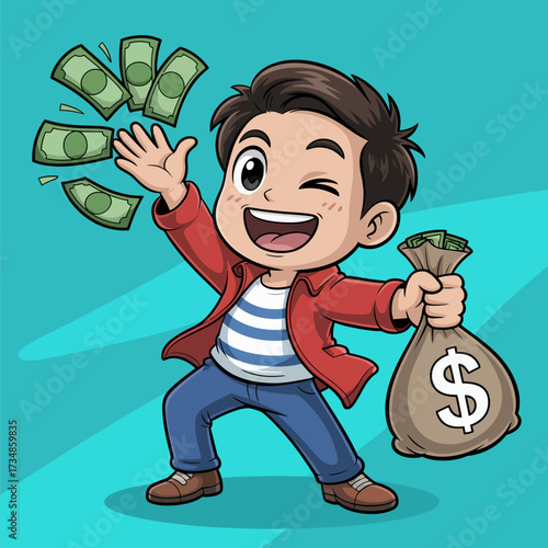 A cheerful boy excitedly counting money represents the joy of financial success and prosperity, embodying themes of achievement and happiness in a playful manner.