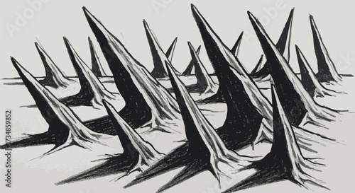 An abstract illustration of sharp spikes. The illustration showcases a stylized, grayscale representation with a sense of danger and defense