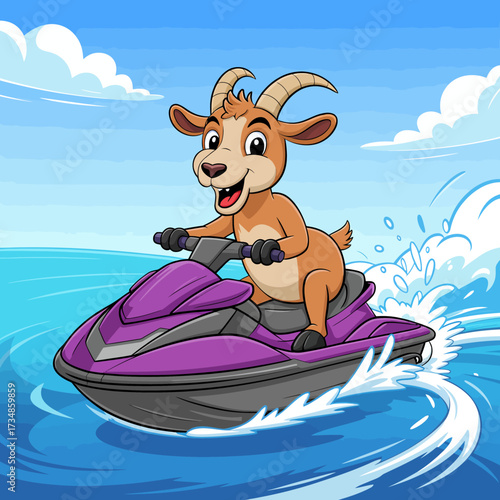 A joyful goat rides a purple jet ski, splashing through ocean waves with sheer excitement and adventurous spirit, showcasing the fun side of water sports.