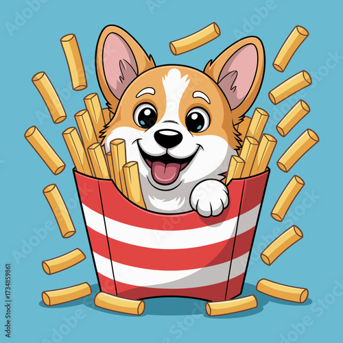 An adorable corgi puppy peeks out from a box overflowing with French fries, bringing humor and delight in a lively and whimsical food-themed illustration.