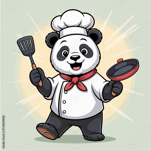An adorable panda dressed as a chef, holding a spatula and pan, embodies joy and creativity in cooking, inspiring culinary adventures and fun kitchen experiences.