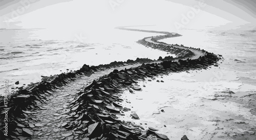 An artistic black and white digital illustration showing a winding stone path through a misty, desolate landscape