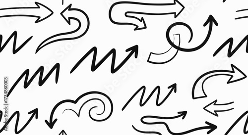 Black hand-drawn arrows create a seamless pattern on a white background. These doodle elements indicate direction, flow, and movement