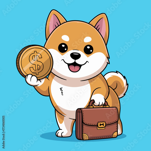 This cheerful Shiba Inu character holds a coin and briefcase, combining elements of playfulness with business, perfect for themes around finance, entrepreneurship, and joy.