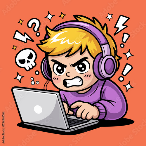 A frustrated boy with headphones intensely plays on his laptop, embodying the world of gaming, competition, and the emotional highs and lows of digital play.