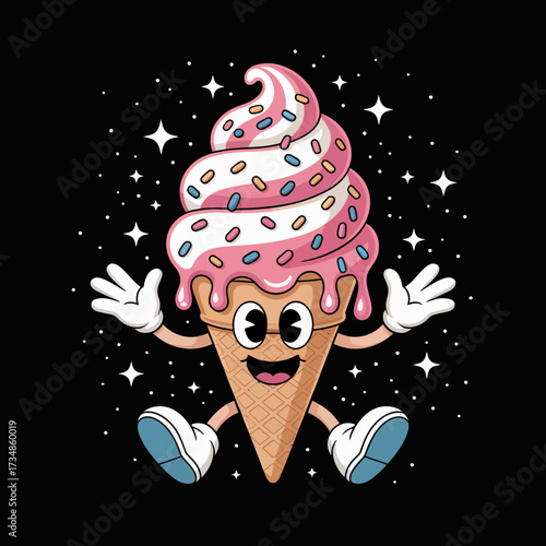 A delightful illustration of a happy ice cream cone featuring sprinkles and cheerful expressions, perfect for evoking joy and fun associated with sweet treats.