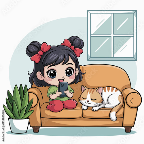 A young girl relaxed on a cozy couch, using her phone while a fluffy cat sleeps beside her, representing comfort, companionship, and modern life.
