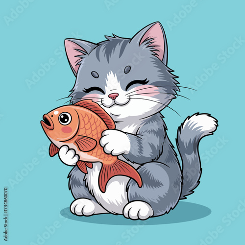 An adorable fluffy cat lovingly holds a fish, showcasing a sweet and playful moment that highlights the bond between pets and their beloved toys in a charming setting.