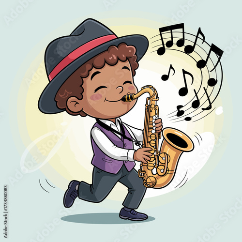 A cheerful young boy dressed in a stylish outfit joyfully playing a saxophone with flowing music notes around him, embodying a love for music and creativity.