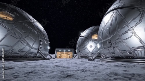 Lunar colony habitats established on a desolate, craters filled lunar landscape, presenting a vision of future space exploration, colonization, and human life beyond earth