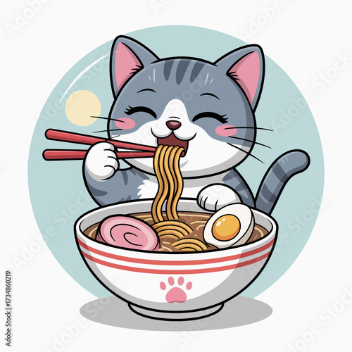 A cute cartoon cat joyfully slurps up a bowl of noodles, complete with toppings like eggs and meat, illustrating the joy of food in a playful and engaging way.