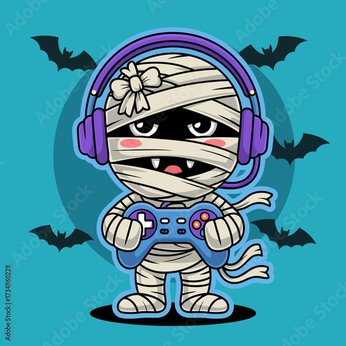 A fun and spooky mummy character, wrapped in bandages and wearing headphones, holds a game controller, creating an amusing blend of Halloween and gaming culture.
