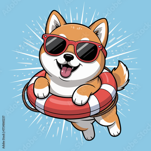 A joyful illustration of a Shiba Inu dog wearing sunglasses and floating in a lifebuoy, capturing the essence of summer fun and carefree moments spent by the pool.