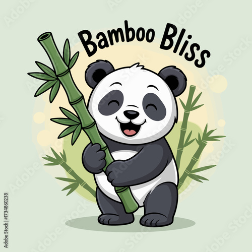 This adorable illustration showcases a panda happily holding bamboo, reflecting themes of tranquility, joy, and a gentle connection with nature in a soft, playful manner.
