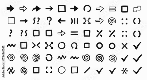 Collection of hand-drawn black and white doodle icons featuring various navigational symbols, basic shapes, and punctuation marks for UI design