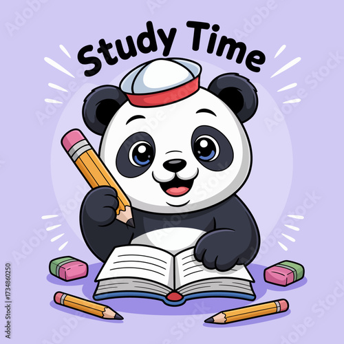 A delightful panda immersed in studying, surrounded by school supplies, presenting an adorable and engaging representation of learning, curiosity, and dedication.