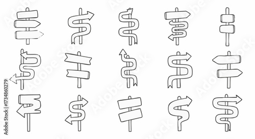 Collection of hand-drawn directional signposts and street signs in a sketchy, doodle style
