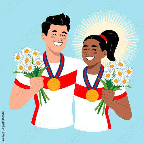 This cheerful image of two smiling athletes holding medals and flowers captures the essence of victory, teamwork, and celebration in a bright and joyful artistic style.