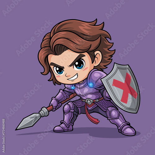 The image showcases a chibi-style knight character in shiny purple armor, demonstrating bravery and determination, ready to take on any challenge with a spear and shield.