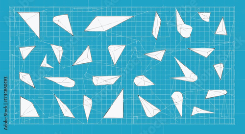 Collection of various geometric net shapes and 3D unfolded shapes drawn on a turquoise cutting mat background for design concepts