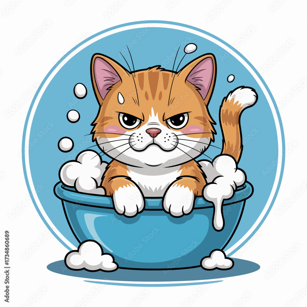 Obraz premium A humorous illustration of an irritated cat sitting in a bubble bath, capturing the playful tension between a pet’s personality and the necessity of cleanliness in a fun way.