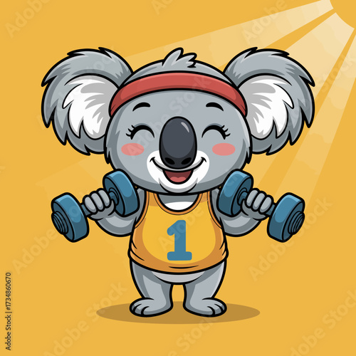 A cheerful koala lifts weights proudly while wearing a headband and sports jersey, conveying a sense of fitness and enthusiasm in this lighthearted and fun illustration.