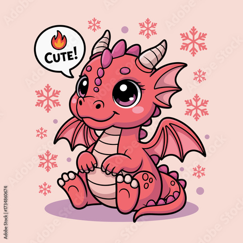 A cute pink dragon with big eyes and tiny wings cheerfully declares 'Cute!' while surrounded by snowflakes, showcasing a whimsical winter theme suited for children's illustrations.