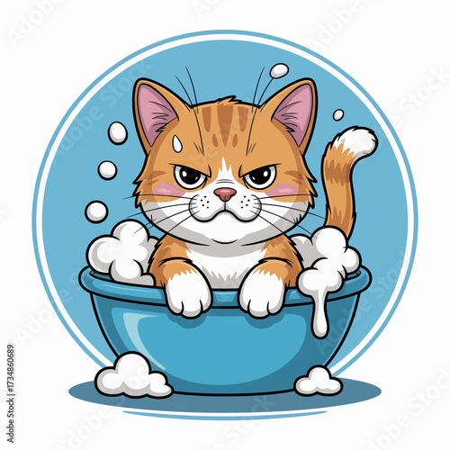 A humorous illustration of an irritated cat sitting in a bubble bath, capturing the playful tension between a pet’s personality and the necessity of cleanliness in a fun way.
