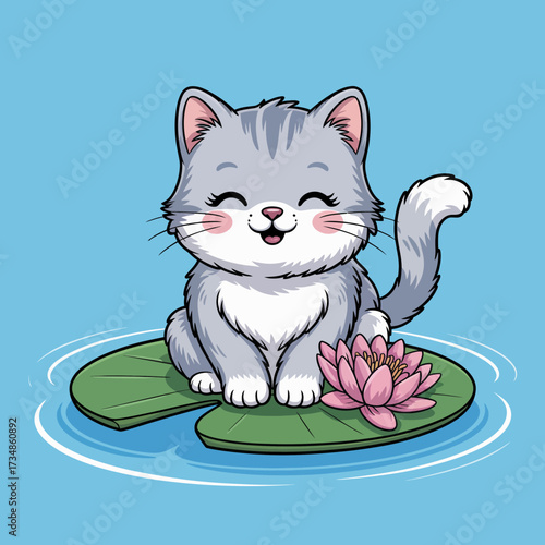 A delightful gray cat sits peacefully on a water lily leaf, radiating joy and tranquility, capturing the essence of calm and serenity in nature.