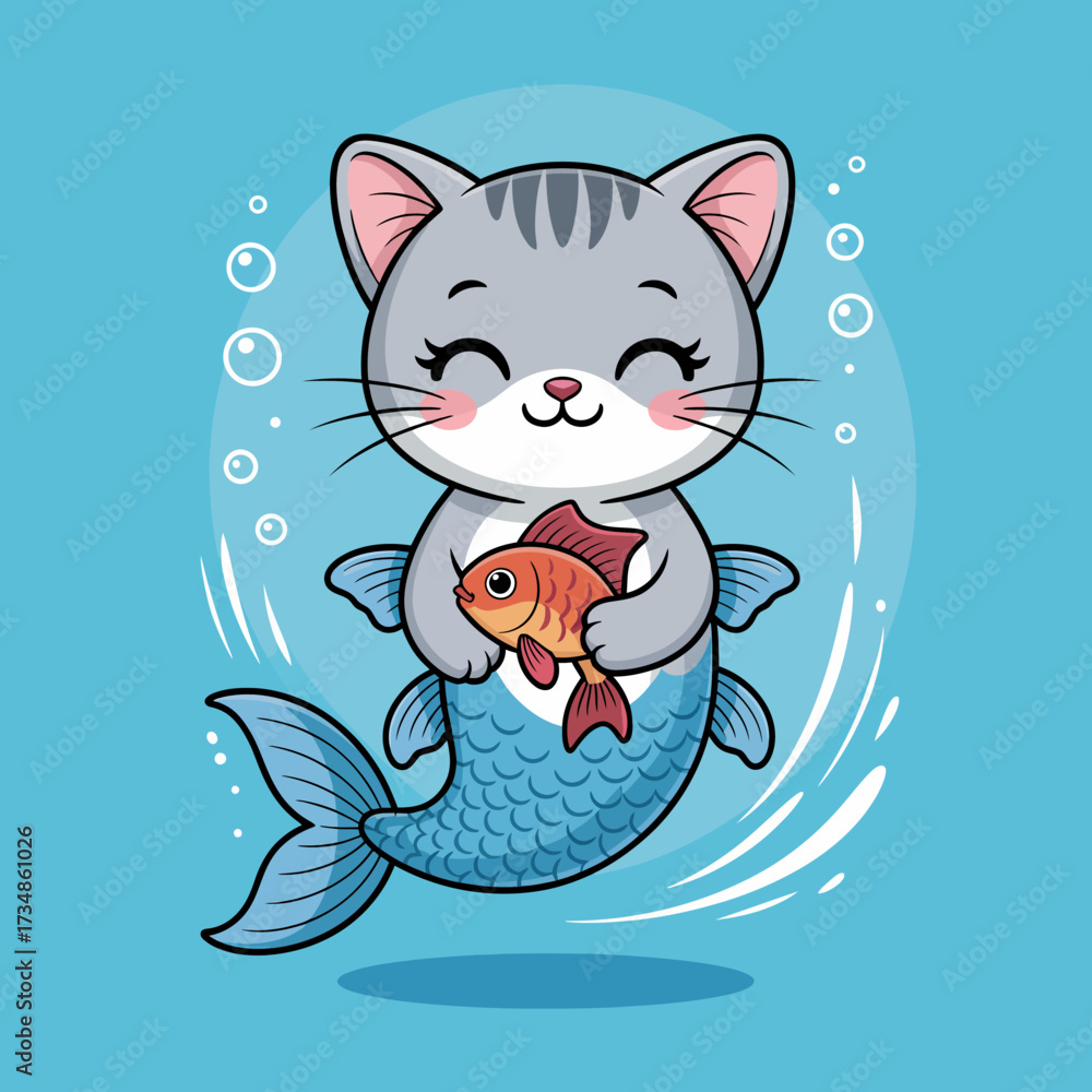 Obraz premium This imaginative illustration depicts a cute cat with a mermaid tail joyfully holding a fish, combining whimsical elements of fantasy and pet charm in a delightful blue underwater scene.