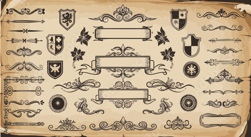 Elegant antique vector heraldic design elements with banners and shields in vintage style