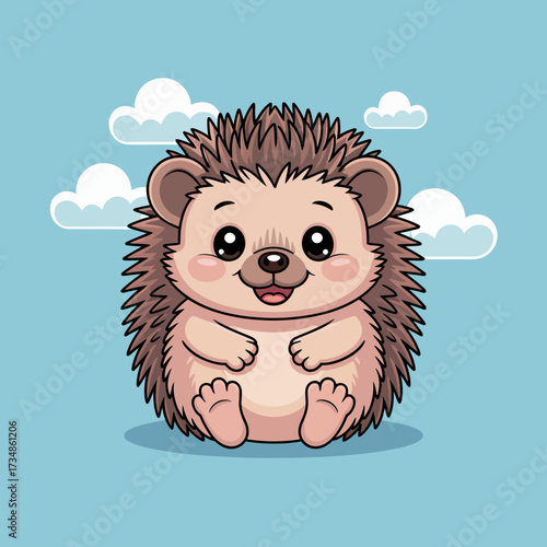 This charming hedgehog illustration portrays a cute, smiling character on a serene blue background, evoking feelings of joy and simplicity in its whimsical design.