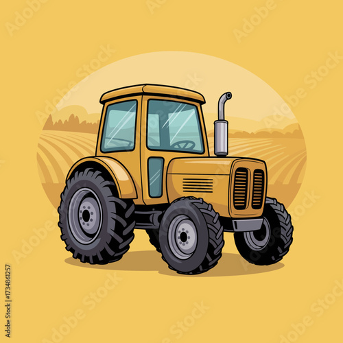 A vibrant illustration of a yellow tractor set against a rural landscape, symbolizing hard work, agriculture, and the essence of farm life in a modern design style.