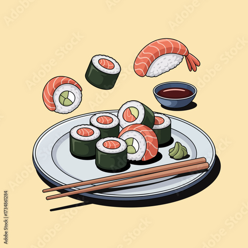 A tasty assortment of sushi rolls is artistically arranged on a plate, showcasing vibrant colors and delicious ingredients that celebrate Japanese culinary traditions.