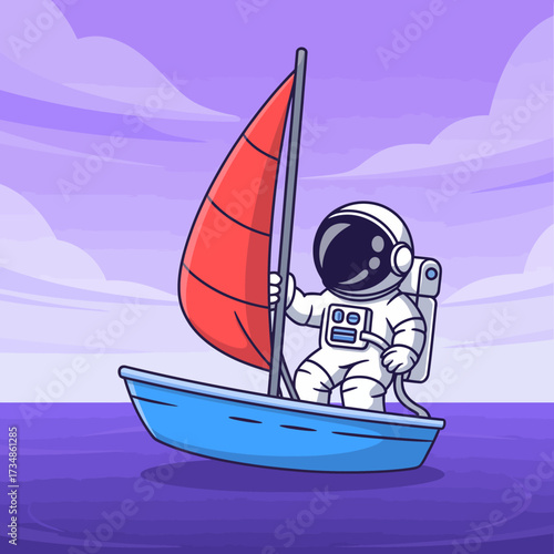 An astronaut in space gear sails a small boat across the ocean, blending adventure and tranquility in a fun and unexpected nautical scene.