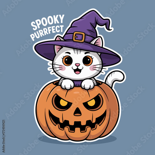 A delightful illustration of a playful cat wearing a wizard hat, peeking out of a carved pumpkin with a spooky face, perfect for the Halloween season and cat lovers.
