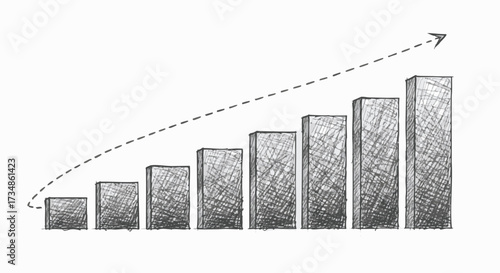 Hand-drawn bar chart with a dashed arrow indicating upward growth, representing progress, success, and positive trends