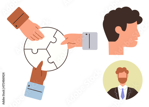Hands connecting round puzzle represent teamwork. Include male head profiles. Ideal for team collaboration, workplace diversity, problem-solving, leadership, organizational growth, partnership